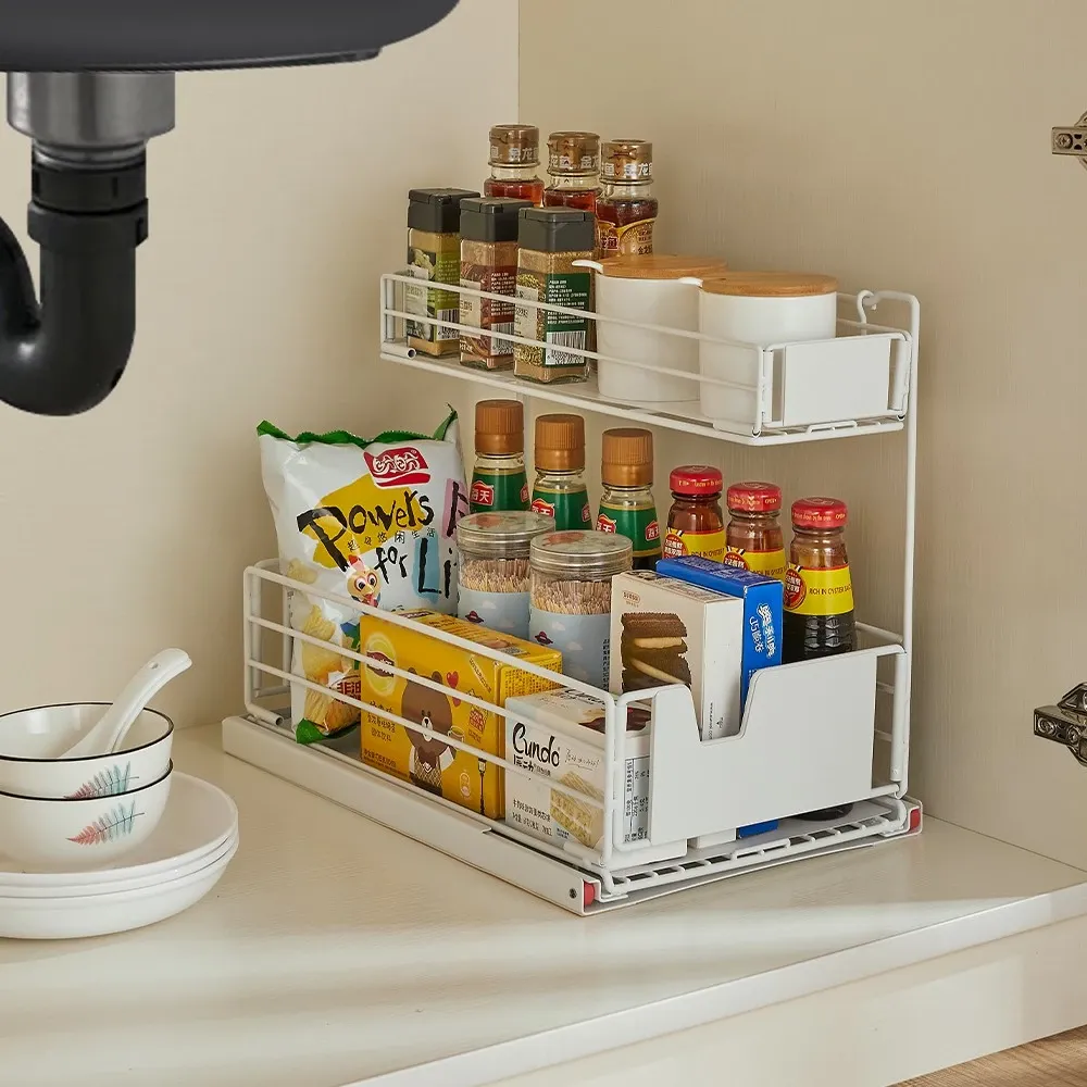 LOCAUPIN 2-layer kitchen seasoning rack storage organizer holding condiment and spice bottles, front view