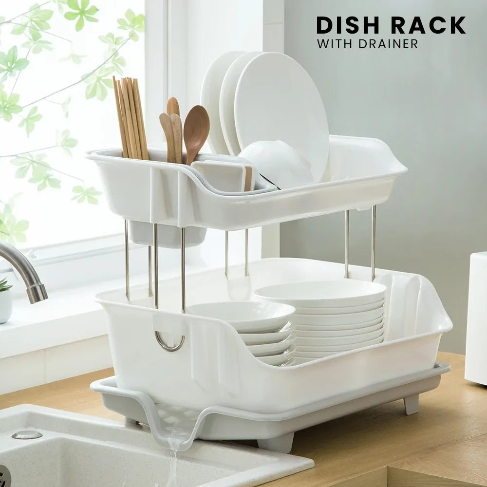 LOCAUPIN 2-tier dish drainer rack with removable drain board and utensil holder, front view