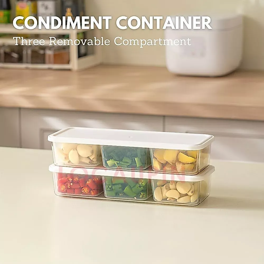 LOCAUPIN 3-compartment condiment storage container in food-grade PP plastic with clear lids and spoons, front view