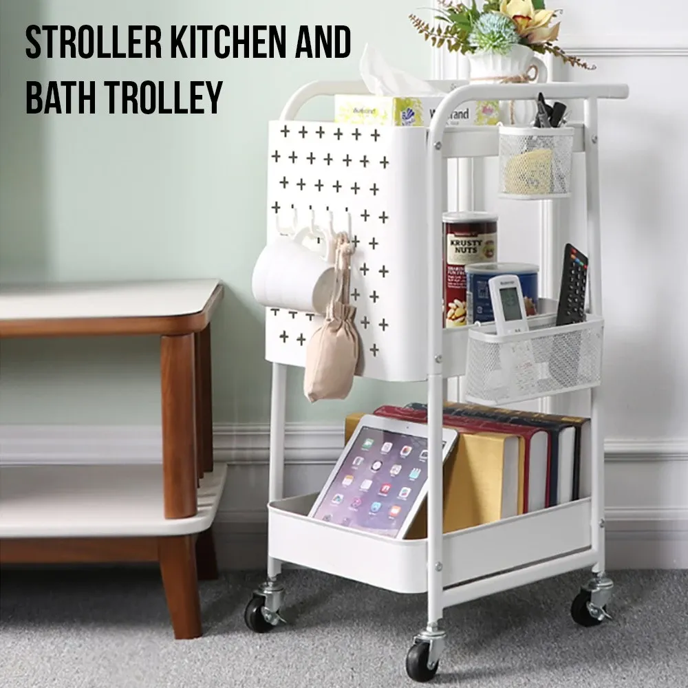 LOCAUPIN 3-tier metal rolling cart with lockable wheels and three storage shelves, front view