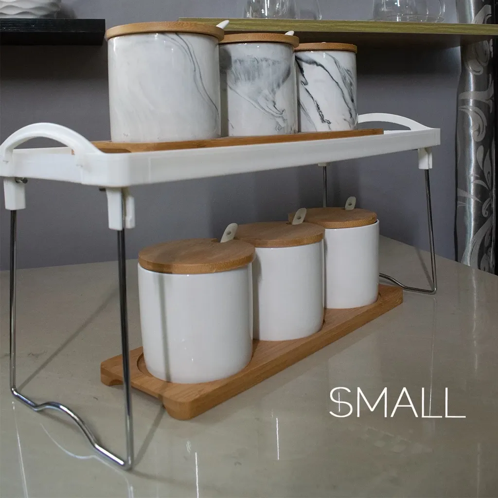 LOCAUPIN foldable kitchen shelf dinnerware storage rack in PP plastic and stainless steel, folded and standing views
