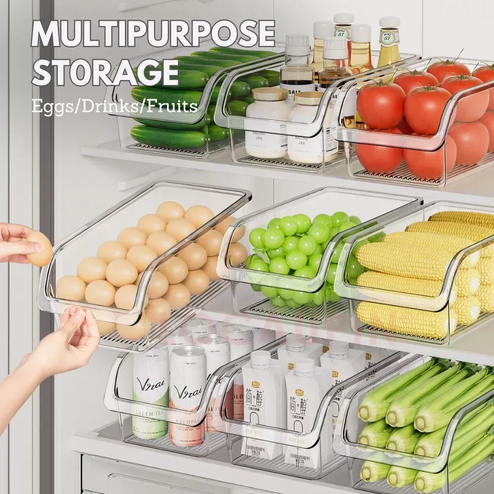 LOCAUPIN multipurpose plastic pantry and fridge storage bin holding fruits and vegetables, front view
