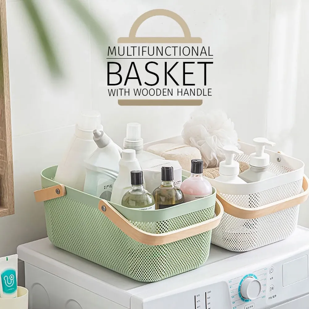 LOCAUPIN plastic mesh storage basket with wooden handle, front view