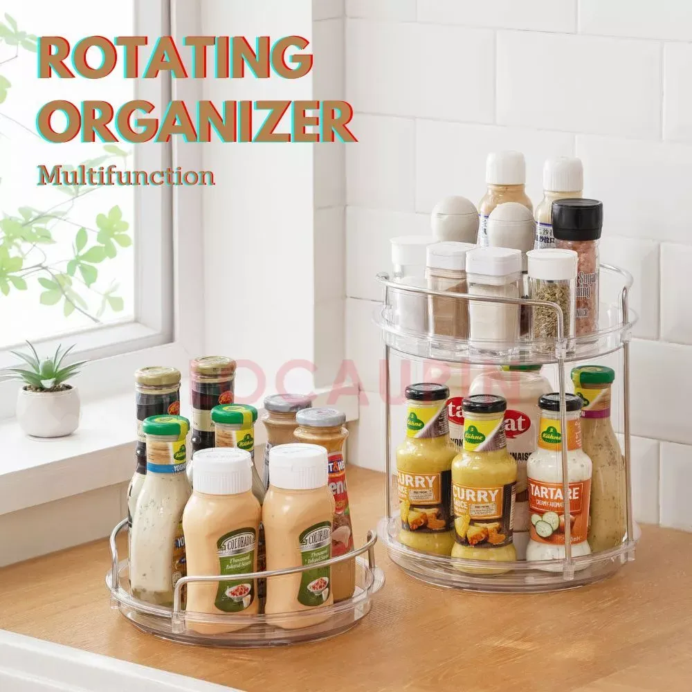 LOCAUPIN 360-degree rotating spice rack turntable organizer holding seasoning bottles in a cabinet, front view