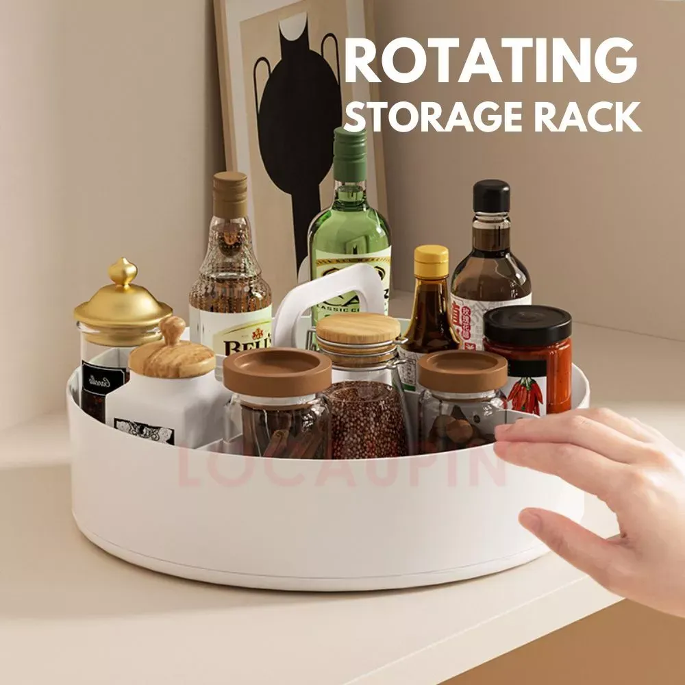 LOCAUPIN multipurpose rotating storage rack with handle, holding spice and condiment bottles, top view