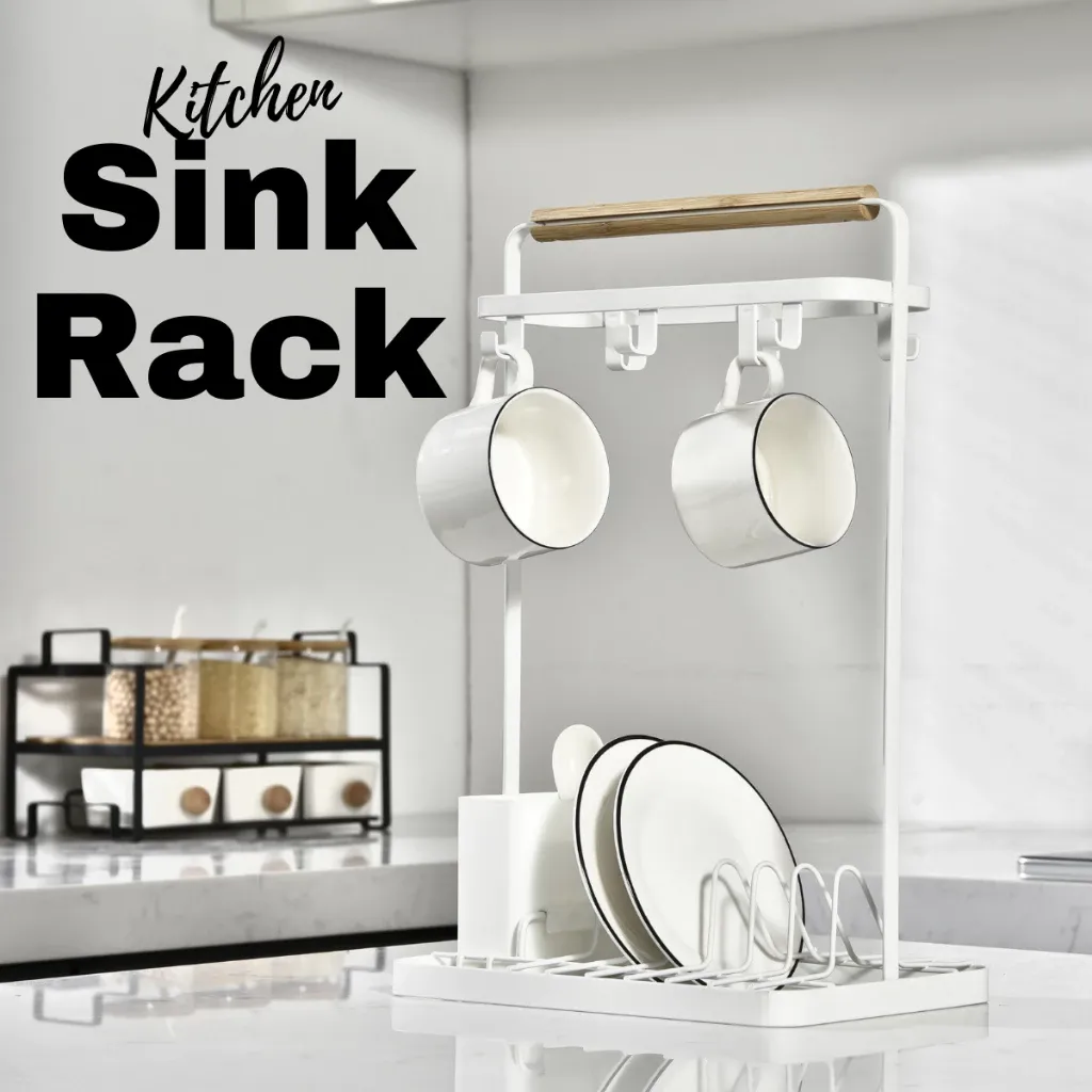 LOCAUPIN white metal kitchen sink rack with bamboo top bar, hanging mug hooks and a plate slot base holding saucers, front view