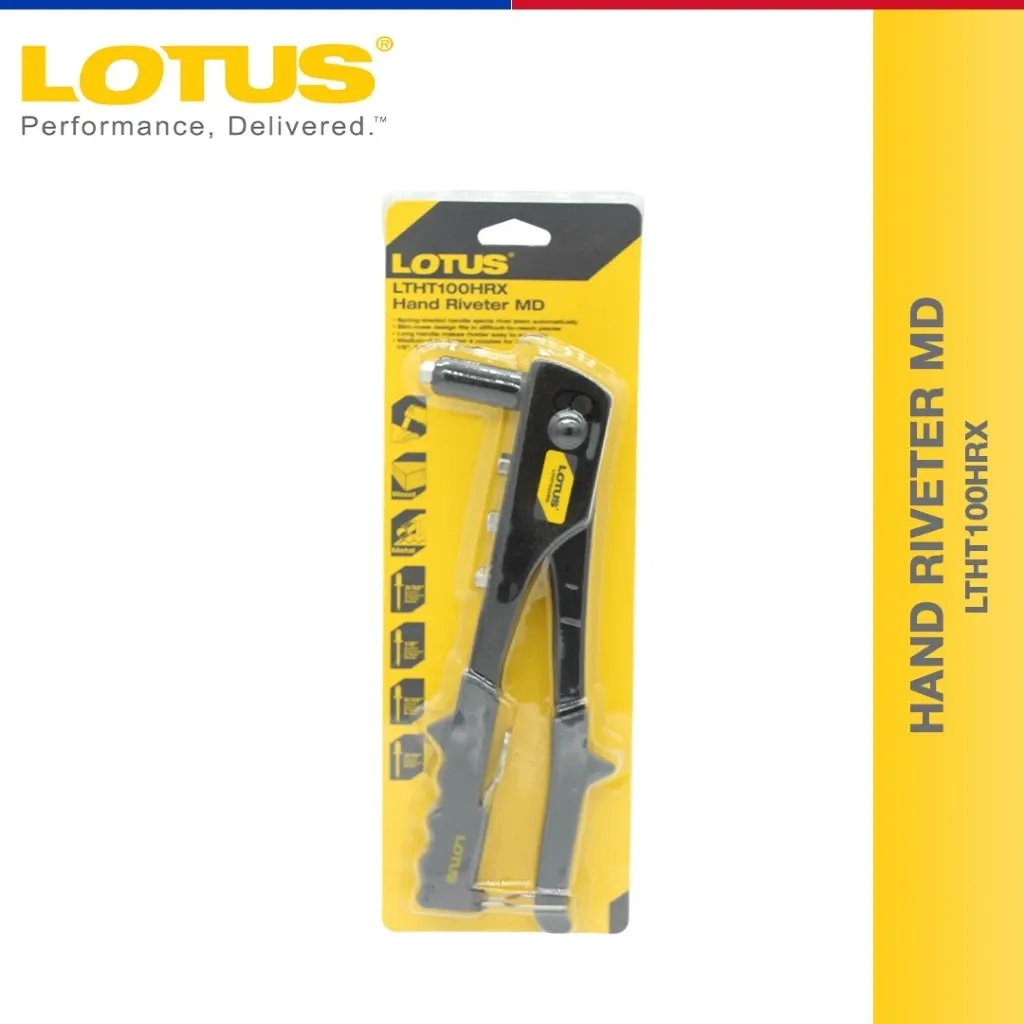 Lotus LHR708 hand riveter with a black all-steel body and non-slip grips, shown with spare nozzles