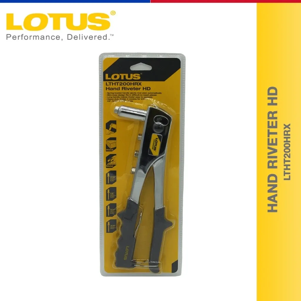 Lotus LHR709 hand riveter with a nickel plated chrome body and non-slip grips, shown with spare nozzles