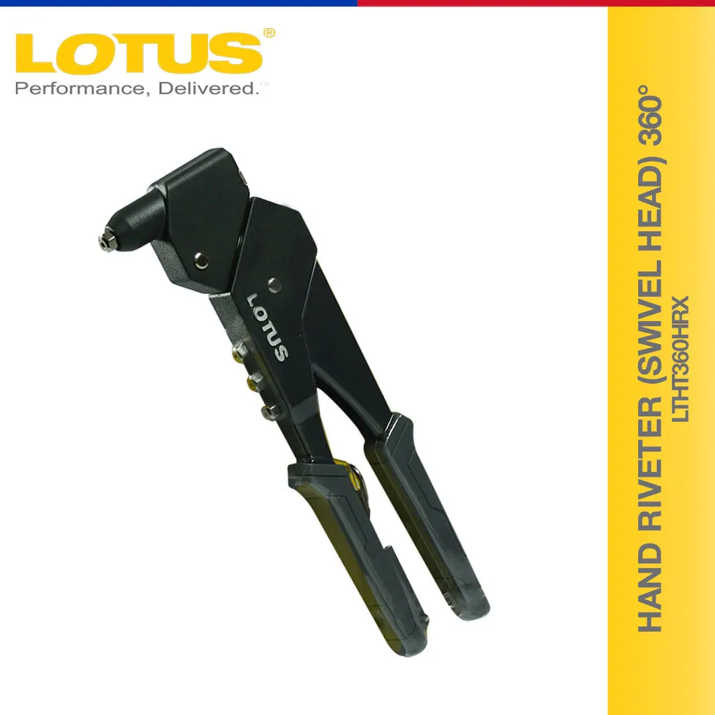 Lotus LTHT360HRX hand riveter with a 360 degree swivel head, steel arms and soft grip handles