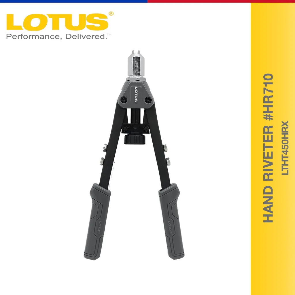 Lotus LTHT450HRX HR710 hand riveter with heavy duty steel arms, soft grip handles and a stem collector