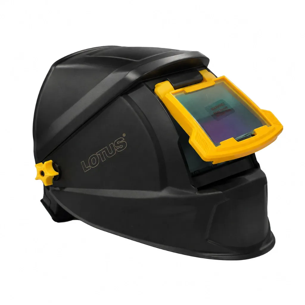 Lotus LTWH300 Ironman auto darkening welding helmet with red and black graphic shell, front view