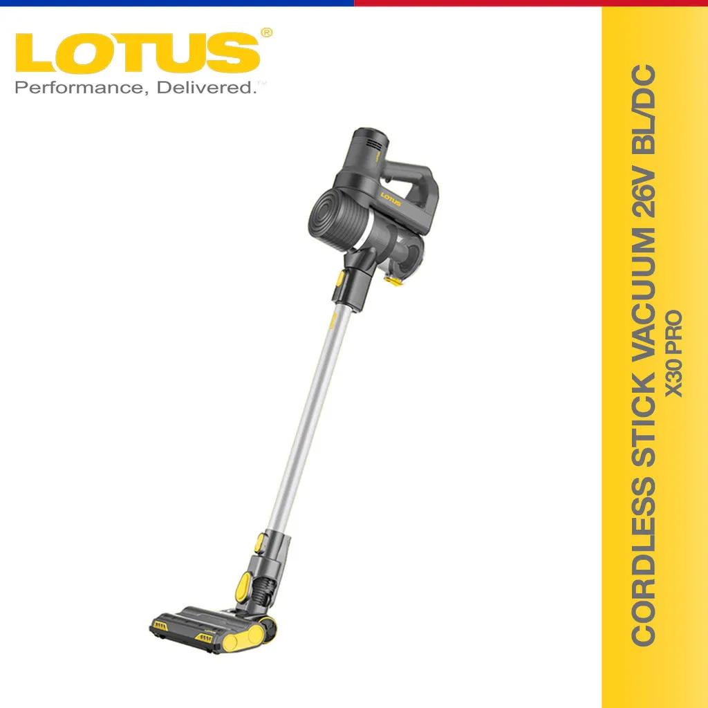 Lotus X30 PRO cordless brushless stick vacuum in black and red with LED floor brush