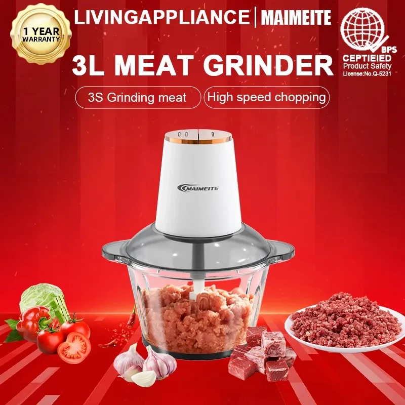 MAIMEITE 3L electric meat grinder and food processor with glass bowl, front view