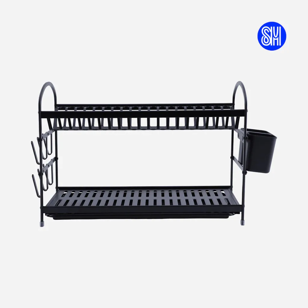 Masflex 2-tier black steel dish drainer rack with side utensil caddy, cup hooks and slatted lower shelf, front view