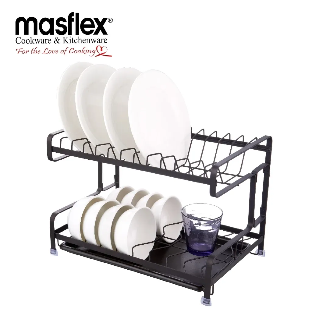 Masflex 2-tier black steel dish rack holding plates on the upper tier and bowls on the lower tier, with drip tray, front view