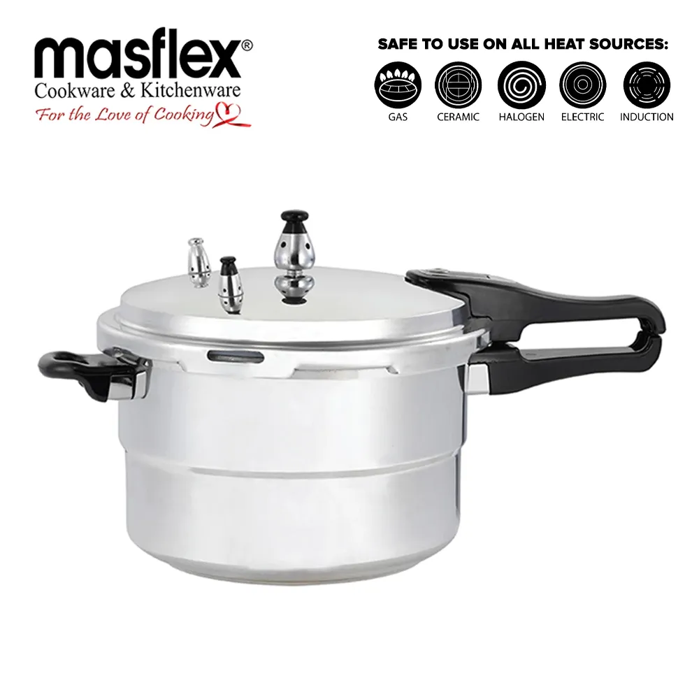 Masflex PC-7 24cm aluminum induction pressure cooker with steamer insert, mirror polished finish, front view