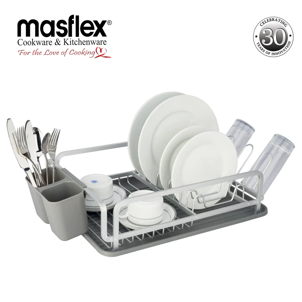 Masflex aluminum dish rack with grey drain tray, twin cutlery caddies and wire plate slots holding plates and glasses, angled view