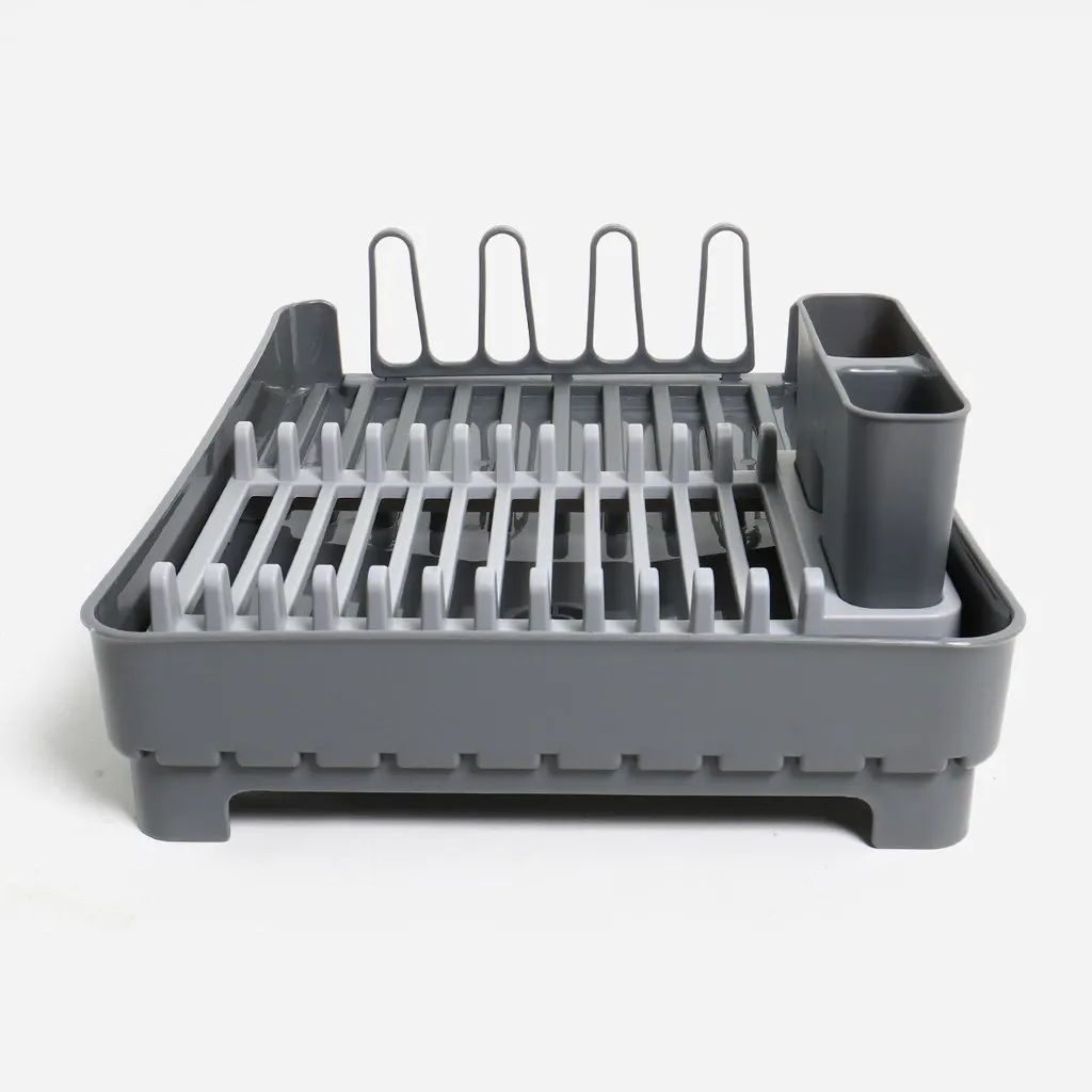 Masflex grey plastic compact dish rack with slatted draining base, removable plate divider and cutlery caddy, angled view