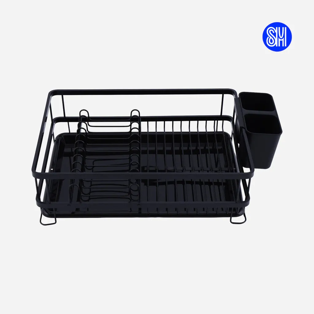 Masflex compact black wire dish rack with black drainage tray and two-compartment utensil holder on the side, angled view