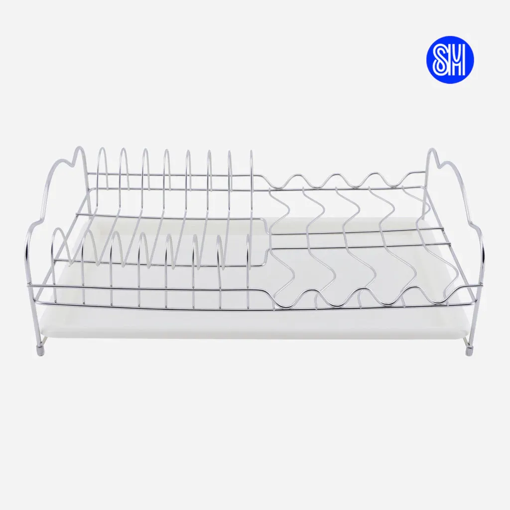 Masflex stainless steel wire dish rack with plate slots, cup waves and a white drain tray underneath, front view