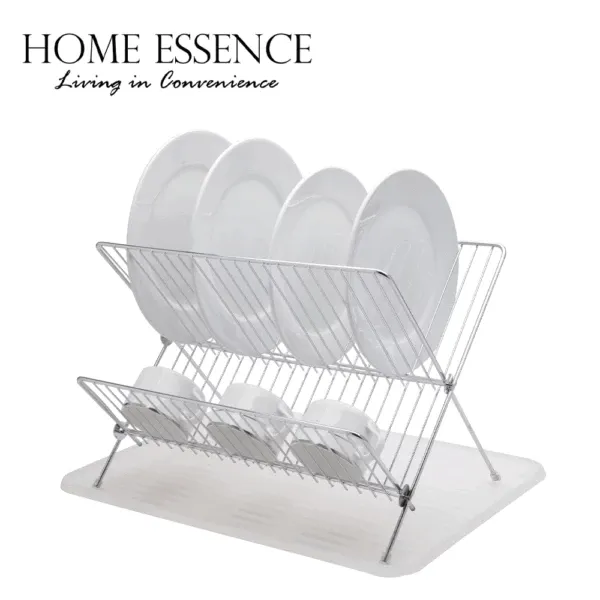 Masflex foldable chrome X-frame two-tier dish rack holding plates above and cups below on a white drip tray, angled view