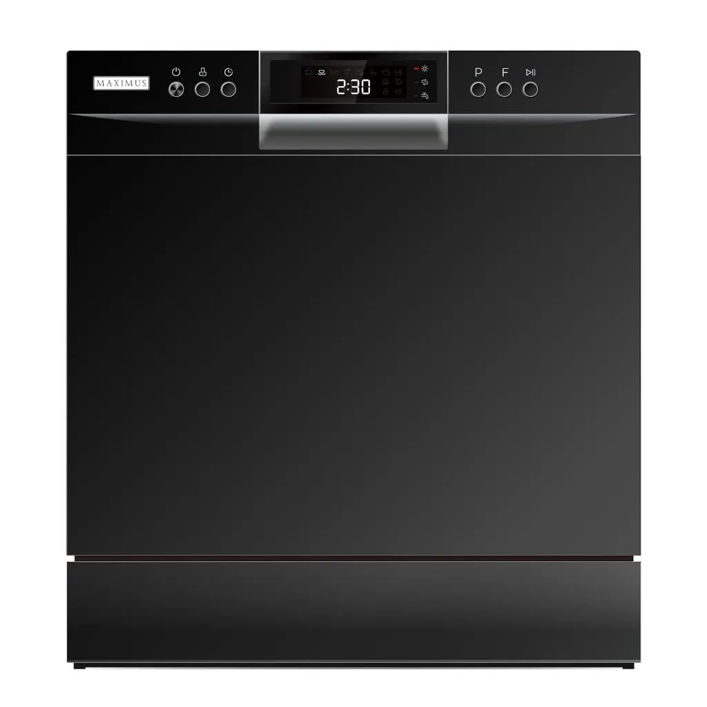 Maximus MAX-002JUB black jumbo tabletop dishwasher with glass front and LED control display, front view