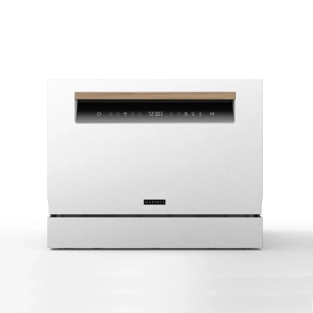 Maximus MAX-003U white tabletop dishwasher with wood-trim handle and black touch panel, front view