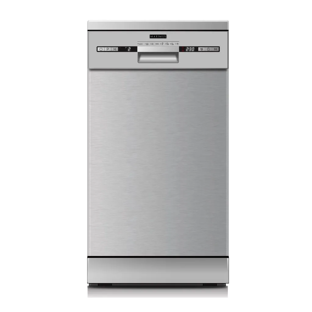 Maximus MAX-D002MS slim stainless steel freestanding dishwasher with front control panel and LED display, front view