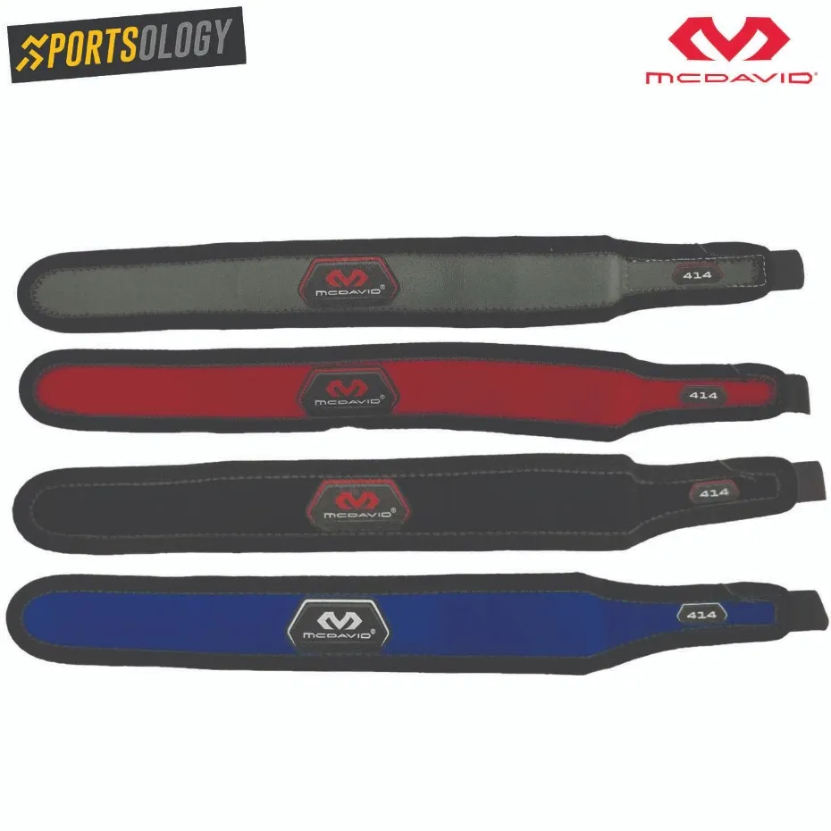 McDavid 414 black adjustable patellar tendon knee strap with tubular buttress, worn below the kneecap