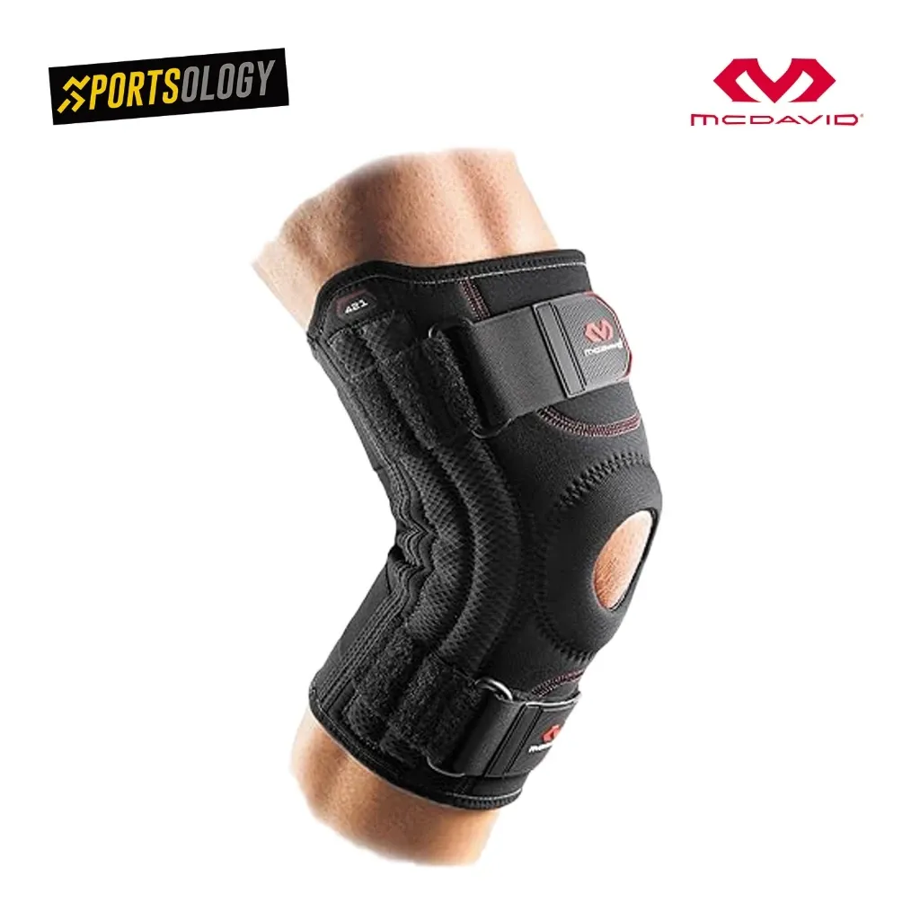 McDavid 421 Level 2 black neoprene knee support with open patella and side stays, front view