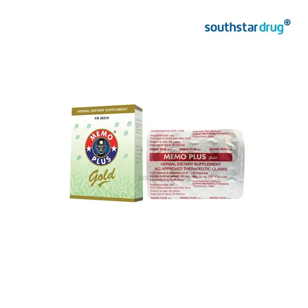 Memo Plus Gold herbal food supplement box, 30 capsules, front view