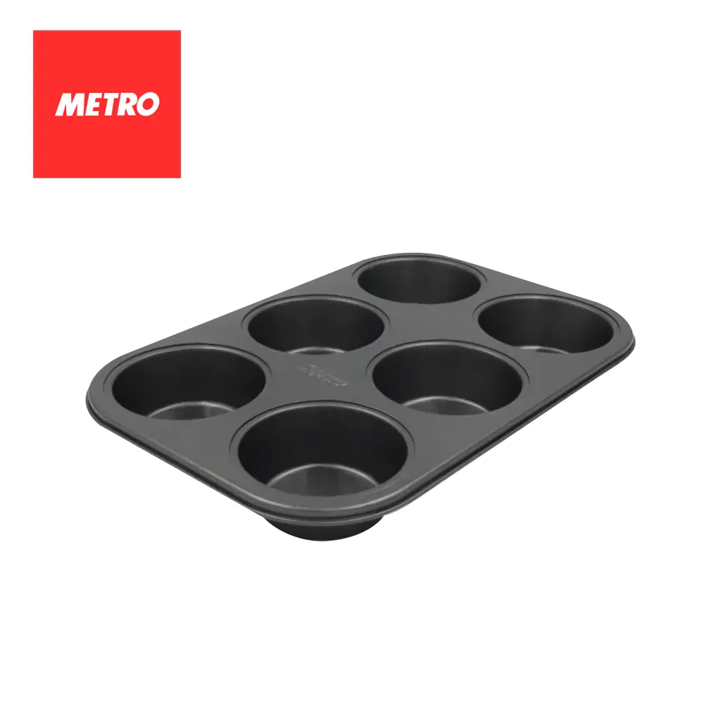 Metro Bakewares MB 5539 six-cup aluminium non-stick muffin pan, overhead view