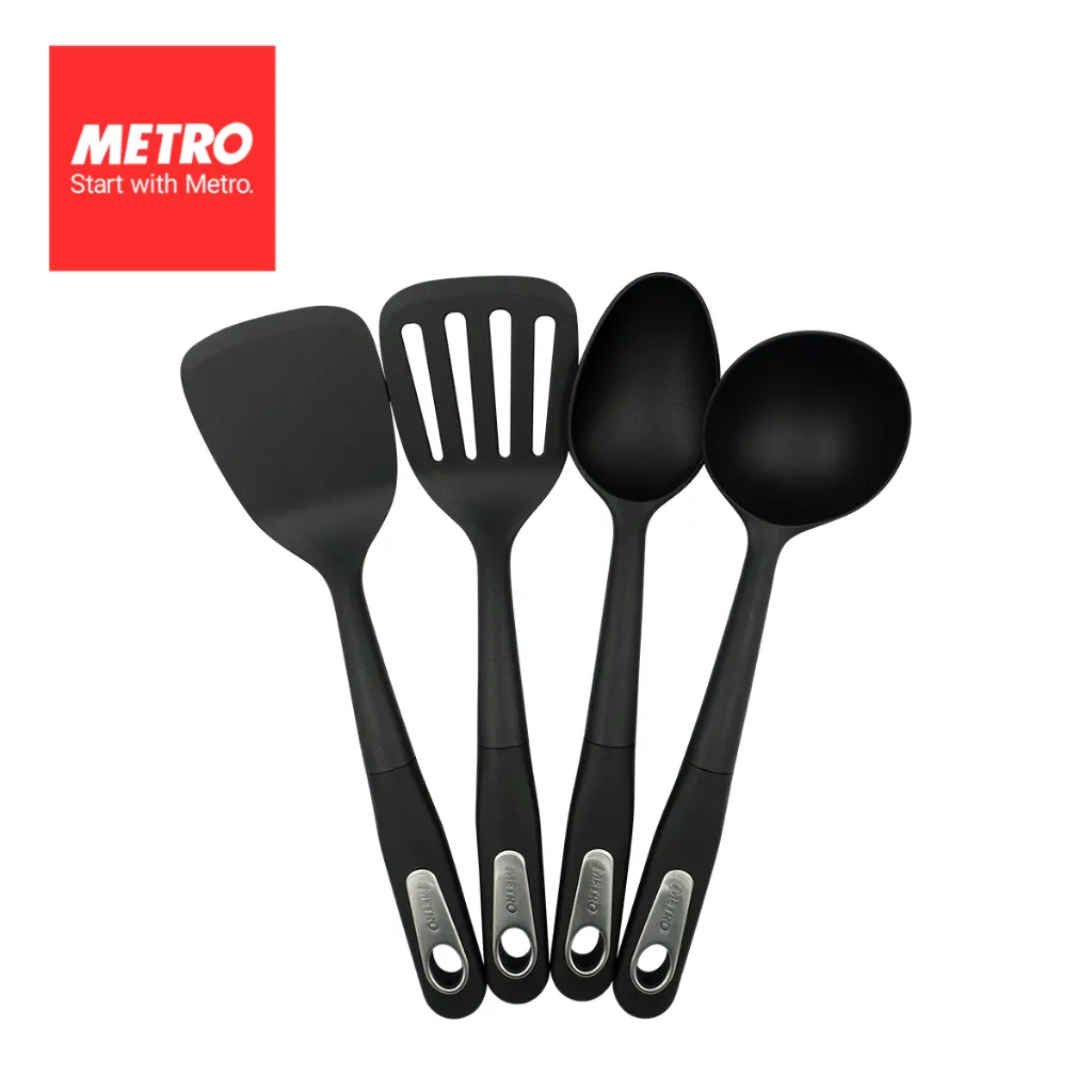 Metro Cookwares MS NYKT 7632 four-piece black nylon kitchen tool set with metal-ringed hanging holes