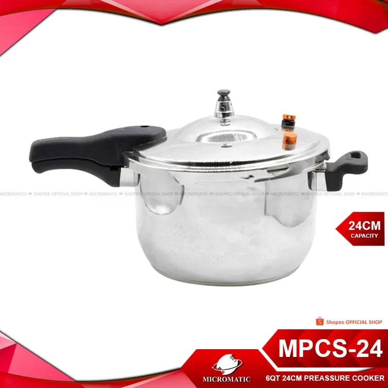 Micromatic MPCS-24 six quart stainless steel pressure cooker, 24cm diameter, front view