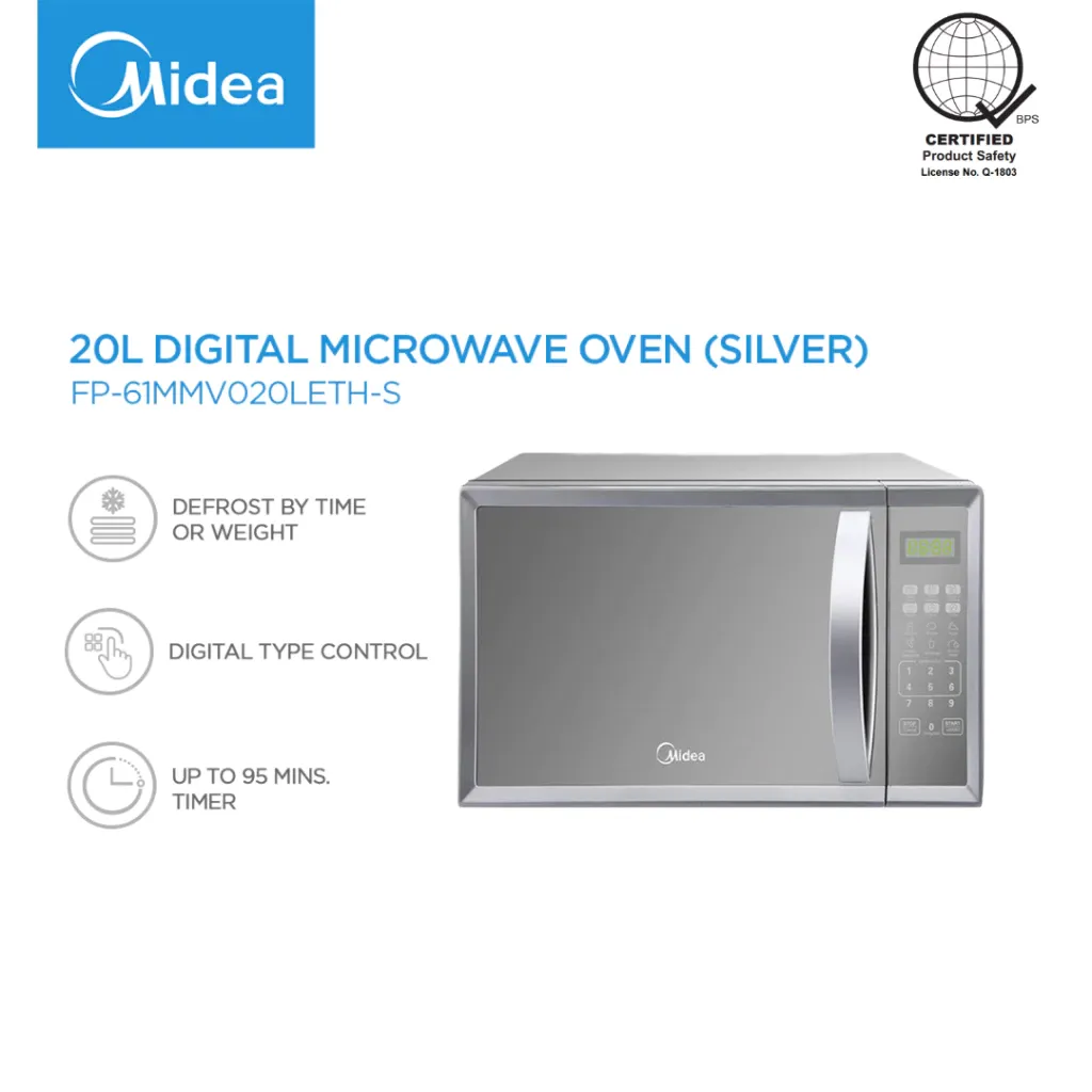 Midea 20L silver digital microwave oven with LED display