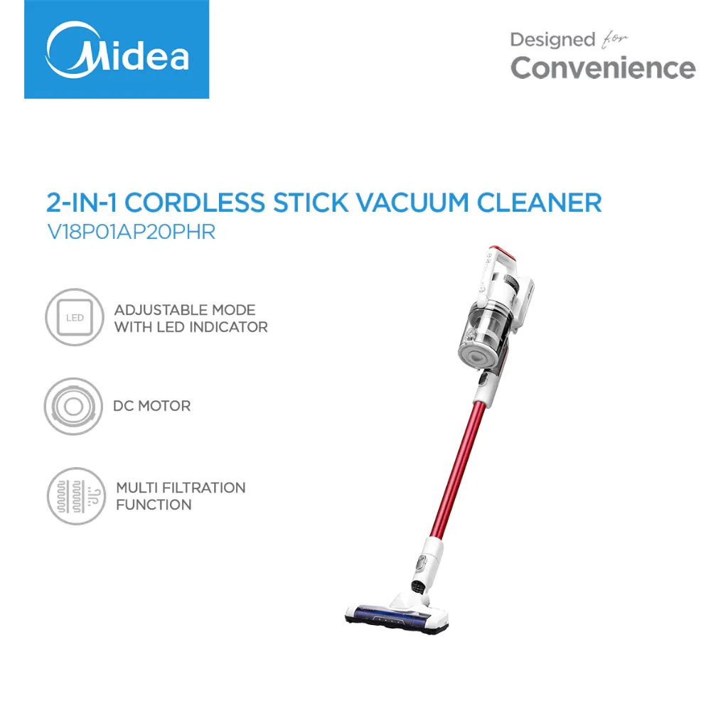 Midea cordless 2-in-1 stick vacuum in white and grey, shown upright with floor head