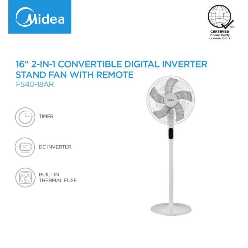 Midea FS40-18AR 16-inch convertible digital inverter stand fan in white with LED display and remote