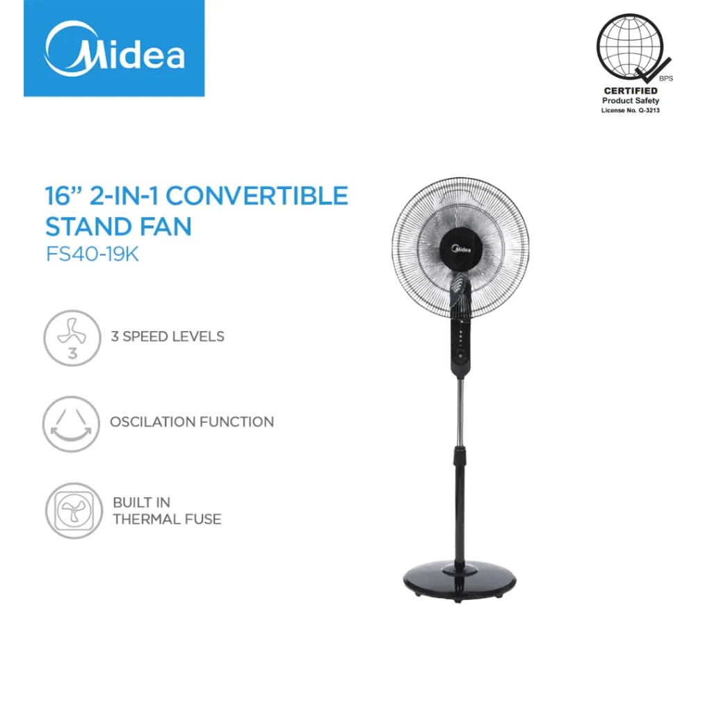 Midea FS40-19K 16-inch 2-in-1 convertible stand fan in white, shown at full stand height
