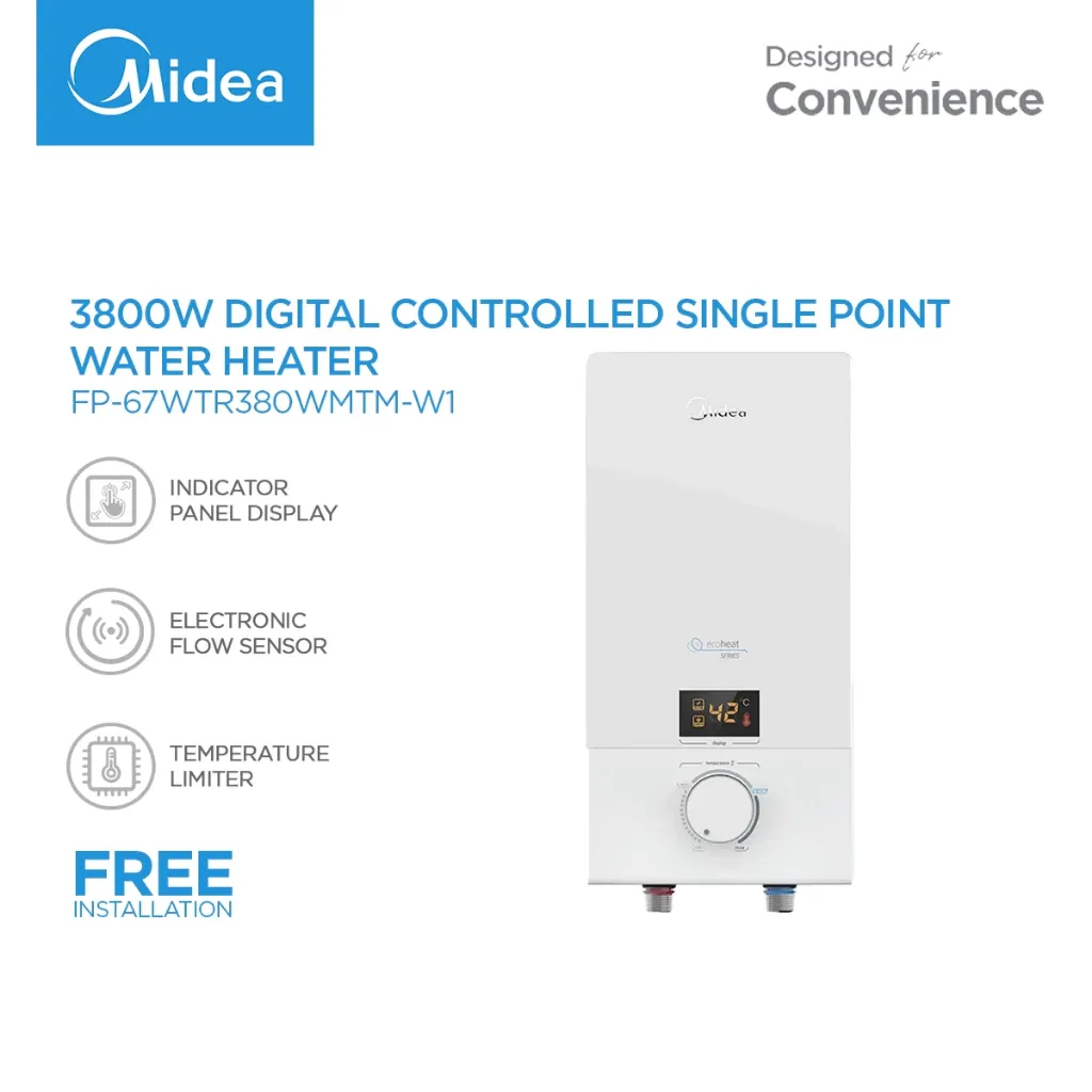 Midea shower heater with digital display panel and turbo heating