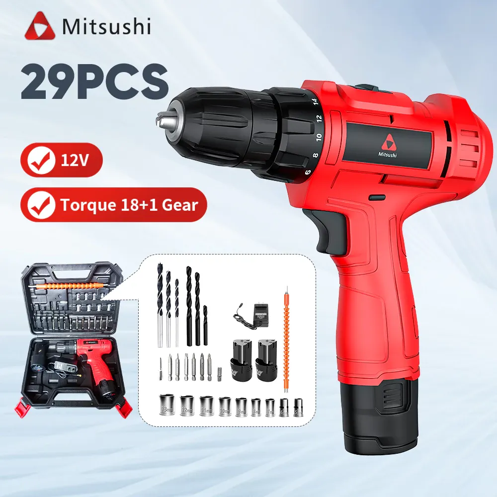 Mitsushi 12V double speed cordless drill driver in red with two batteries, charger, 29-piece bit and socket set in a case