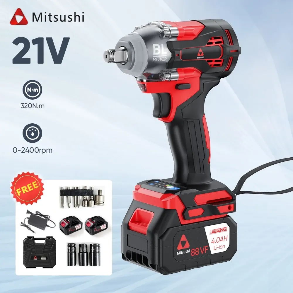 Mitsushi 21V brushless cordless impact wrench in red and black with two 4.0Ah batteries, charger, sockets and case