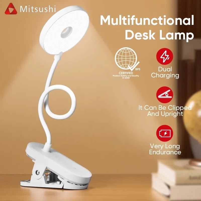 Mitsushi mini rechargeable LED clamp desk lamp clipped to a headboard with a flexible gooseneck