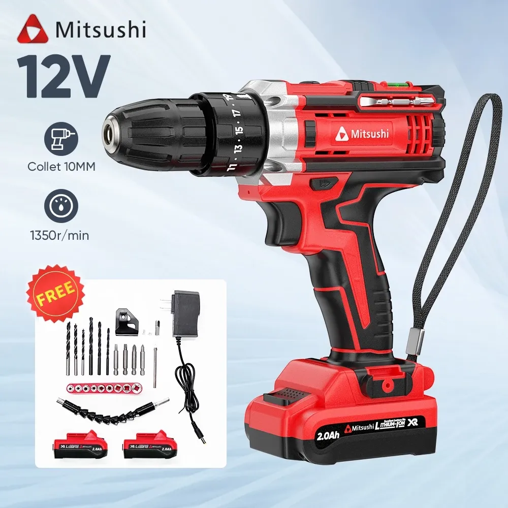 Mitsushi 12V lithium-ion cordless drill driver in red and black with two 2.0Ah batteries, charger, bits and sockets