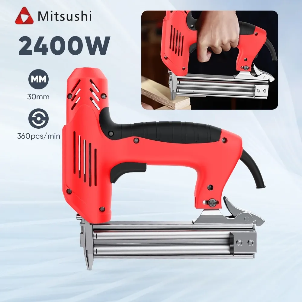 Mitsushi MDDQ-F30 2400W electric nailer gun in red and black with a twin aluminium magazine