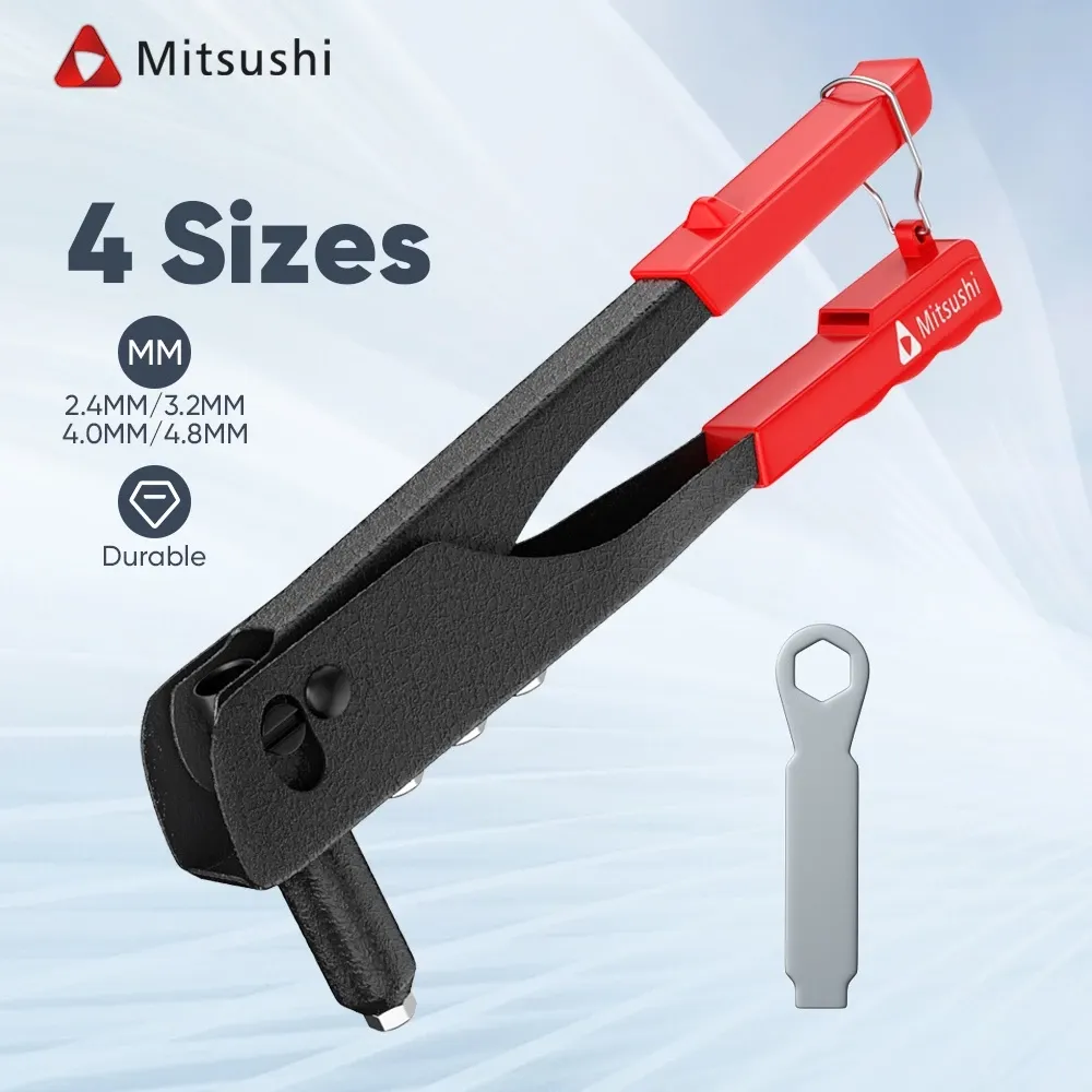 Mitsushi MIT-NHR4 hand riveter with black steel arms, red grips and a spare-nozzle wrench