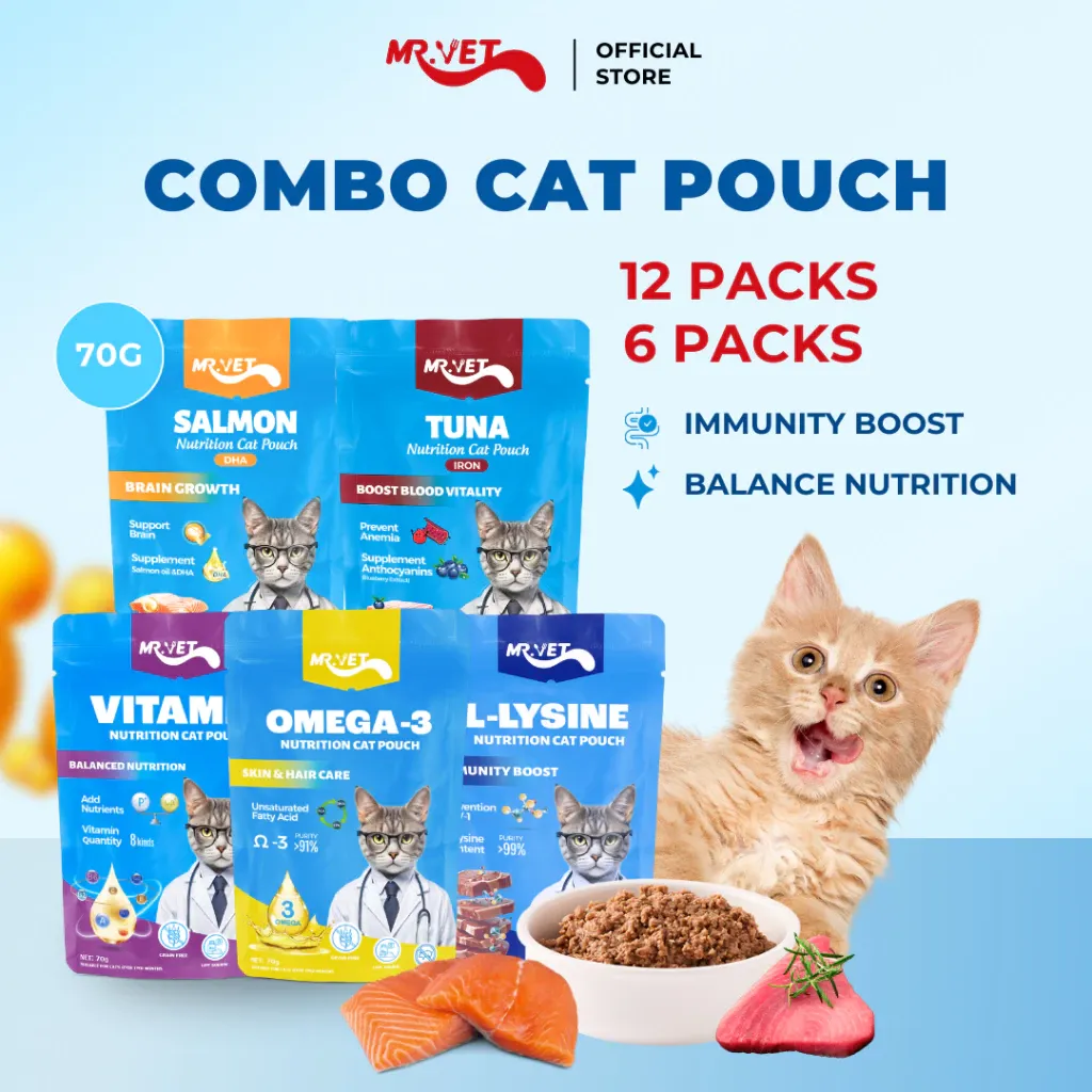 MR.VET Cat Pouch Nutrient-Rich Wet Food for Cats Combo 6&12 , Omega-3, L-Lysine, Vitamins, Salmon, and Tuna (70g)