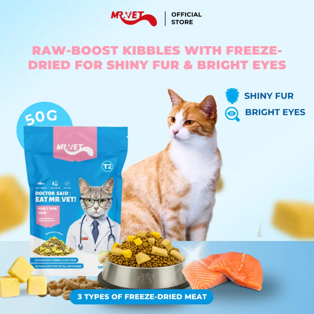 MR.VET T2 Cat Kibble 50g, Hair & Skin Care Functional Rawboost Kibble with Freeze Dried Meat Toppings