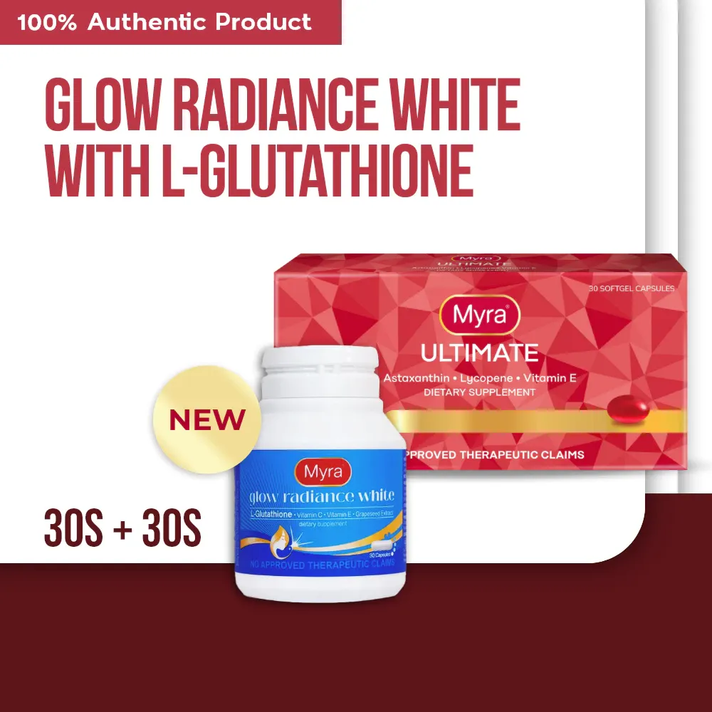 Myra Glow Radiance White and Myra Ultimate with Astaxanthin capsule bottles bundle