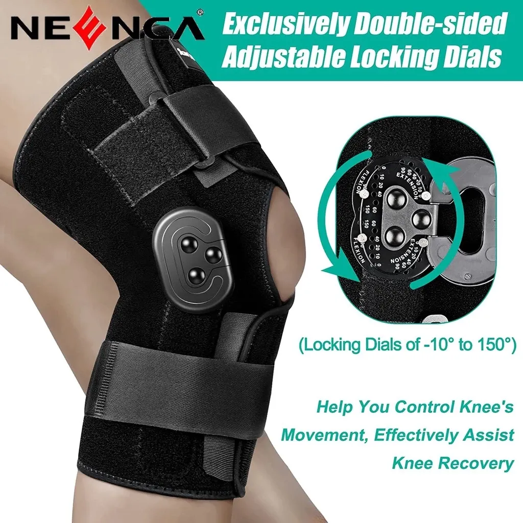 NEENCA hinged knee brace with adjustable side stabilizers for ACL and meniscus support, worn on leg