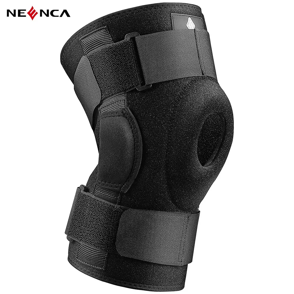 NEENCA hinged knee brace with open patella cut-out and adjustable wrap straps, worn on leg